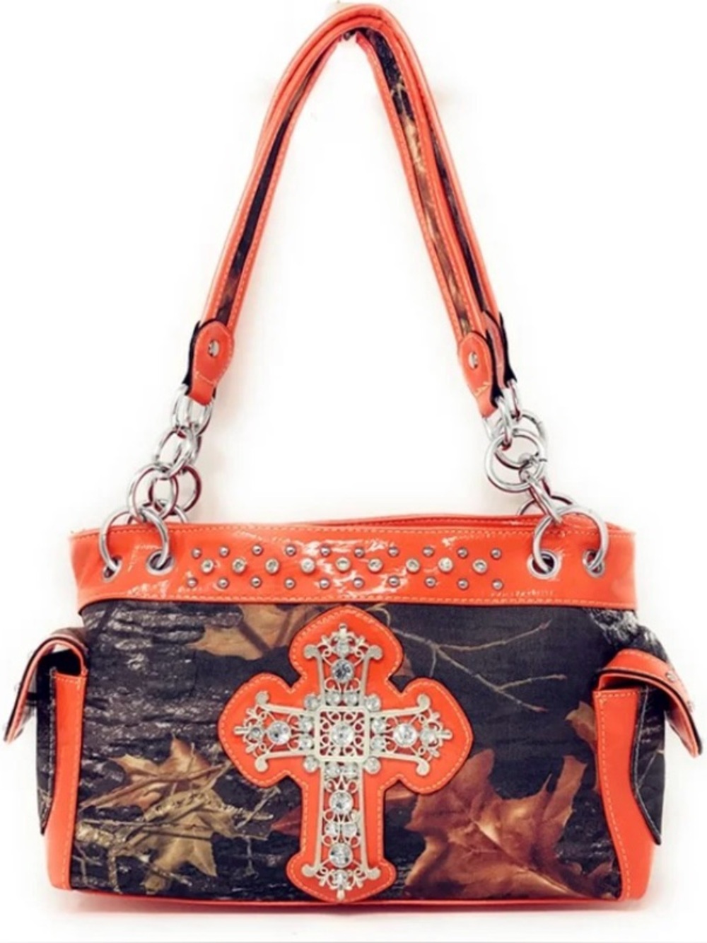 orange camouflage handbag with a rhinestone cross detail and silver stud accents